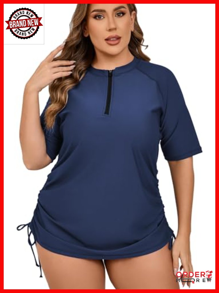 Women's Plus Size Short Sleeve Rash Guard With Half Zip And Side Ties Upf50+